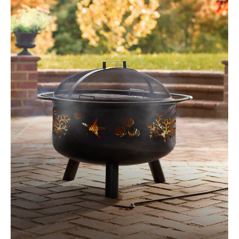 Coral and Shell Metal Firepit, 30"x30"x23.5"inches