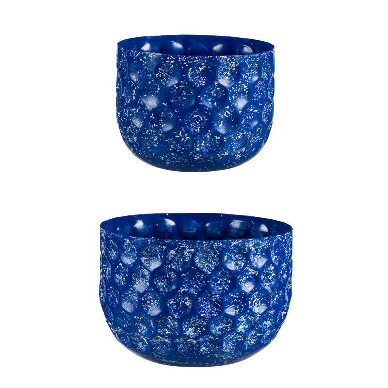 Set of 2 Water Blues Embossed Honeycomb Planters, Dark Blue,47m3057