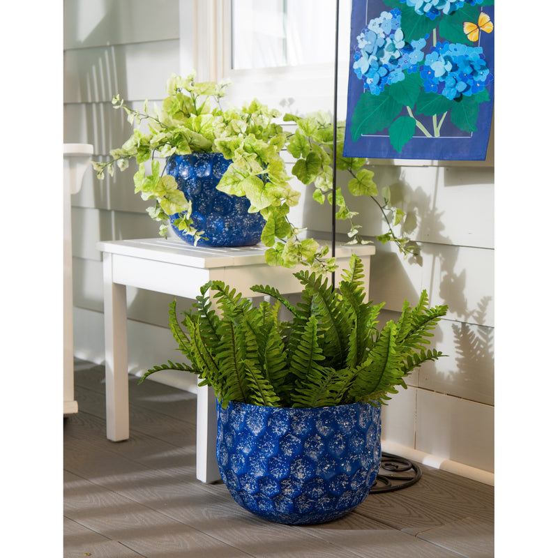 Set of 2 Water Blues Embossed Honeycomb Planters, Dark Blue,47m3057