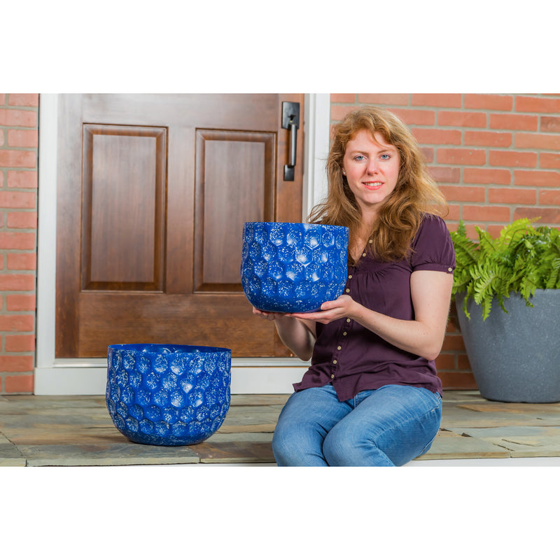 Set of 2 Water Blues Embossed Honeycomb Planters, Dark Blue,47m3057