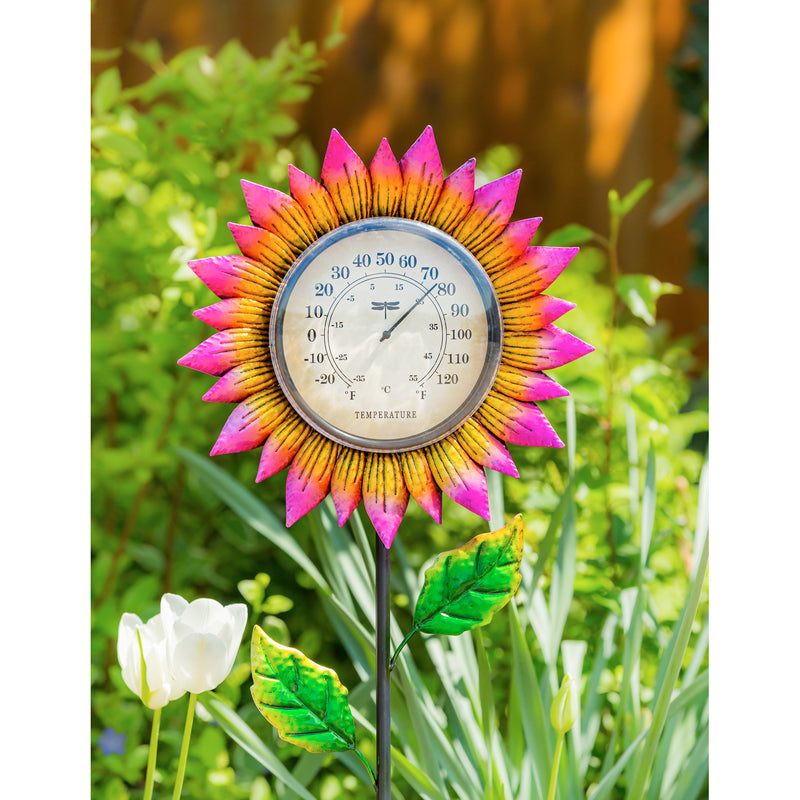 Evergreen 37.75"H Thermometer Pink Petals Garden Stake, 1.2''x 11.6'' x 37.8'' inches