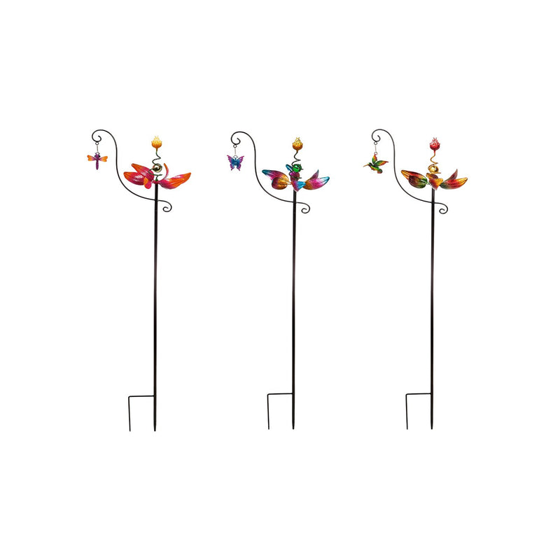 48"H Spinning Floral Garden Stake, 3 ASST, Hummingbird, Butterfly, Dragonfly,47m3121