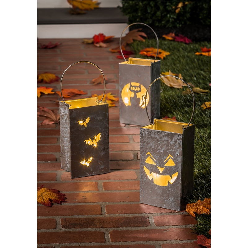 Diecut Galvanized Metal Lantern, 3 Asst, Bat/Cat/Jack-O-Lantern,6.25"x4"x9"inches