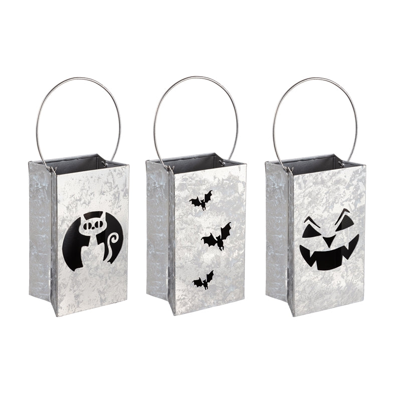 Diecut Galvanized Metal Lantern, 3 Asst, Bat/Cat/Jack-O-Lantern,6.25"x4"x9"inches