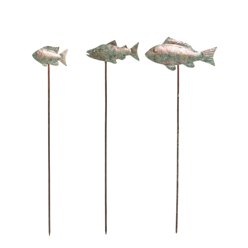 Verdigris Metal Fish Garden Stakes, Set of 3, 6"x0.25"x16.25"inches