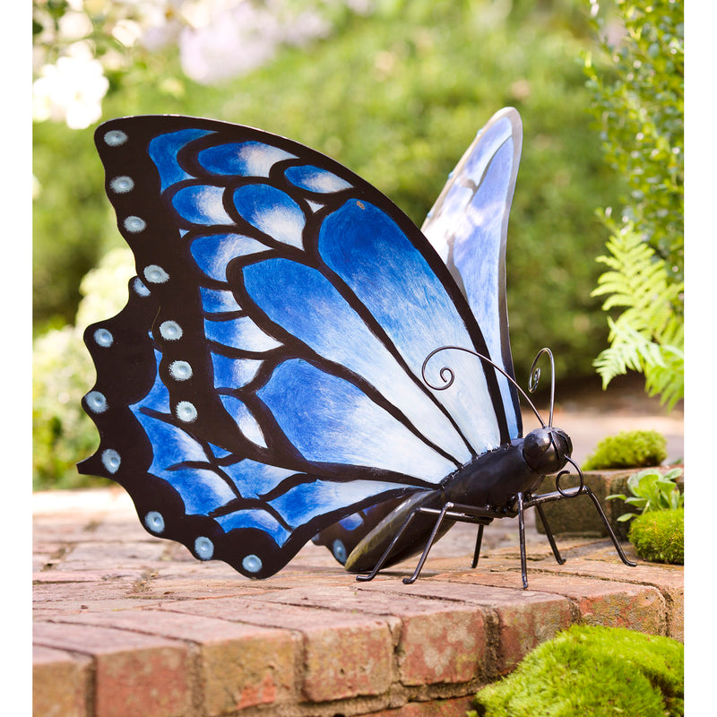 Hand-Painted Blue Metal Monarch Butterfly Outdoor Sculpture, 28.25"x24.5"x15.5"inches