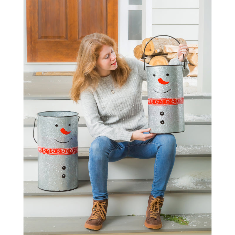 Set of 2 Galvanized Metal Snowman Planter with Scarf, 12"x10.25"x18"inches