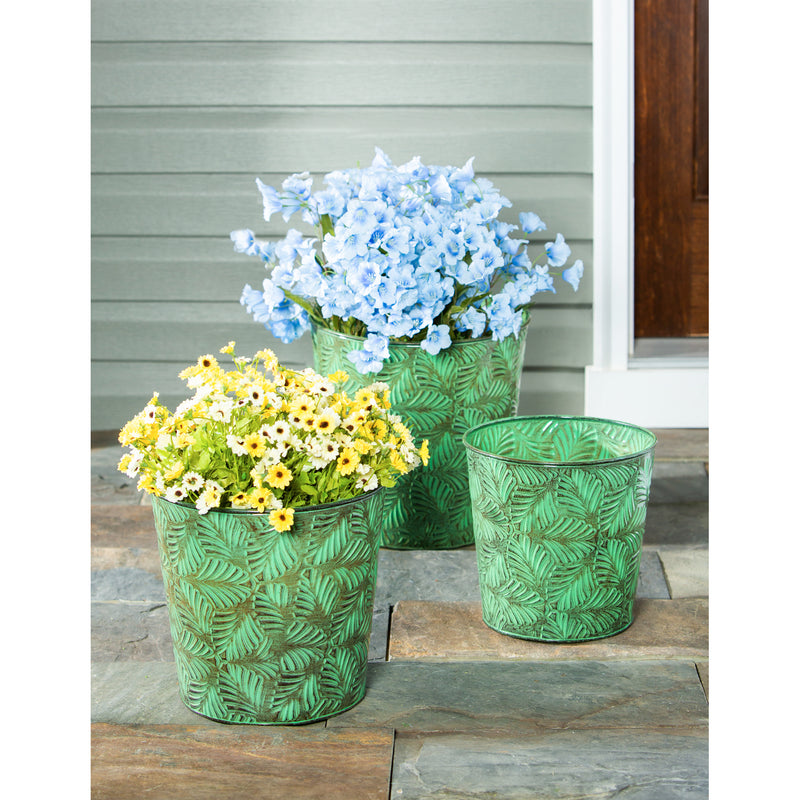 Set of 3 Botanical Greens Embossed Planter, 11"x11"x11.25"inches