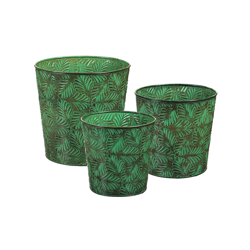 Set of 3 Botanical Greens Embossed Planter, 11"x11"x11.25"inches