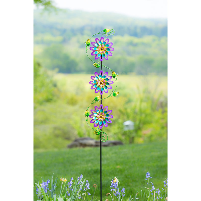 71"H Garden Stake with Spinning Flowers, Violet Trio, 12"x1.5"x71"inches