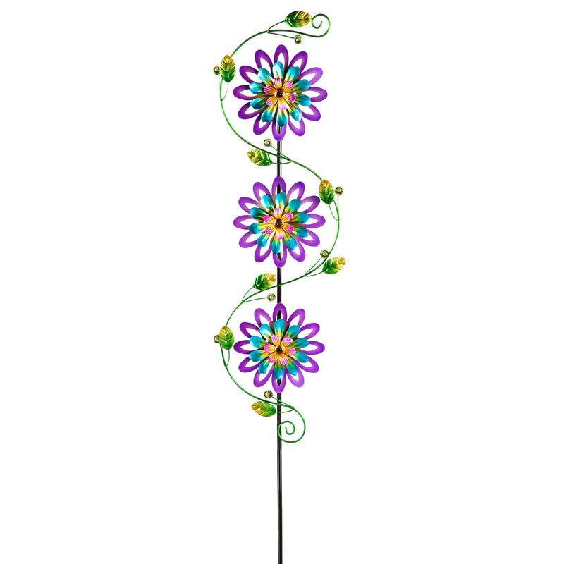 71"H Garden Stake with Spinning Flowers, Violet Trio, 12"x1.5"x71"inches