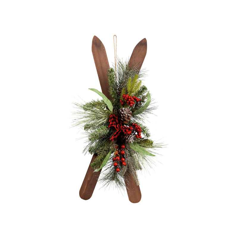 Wooden Skis with Artificial and Berries Hanging Wall Decor,4fl127