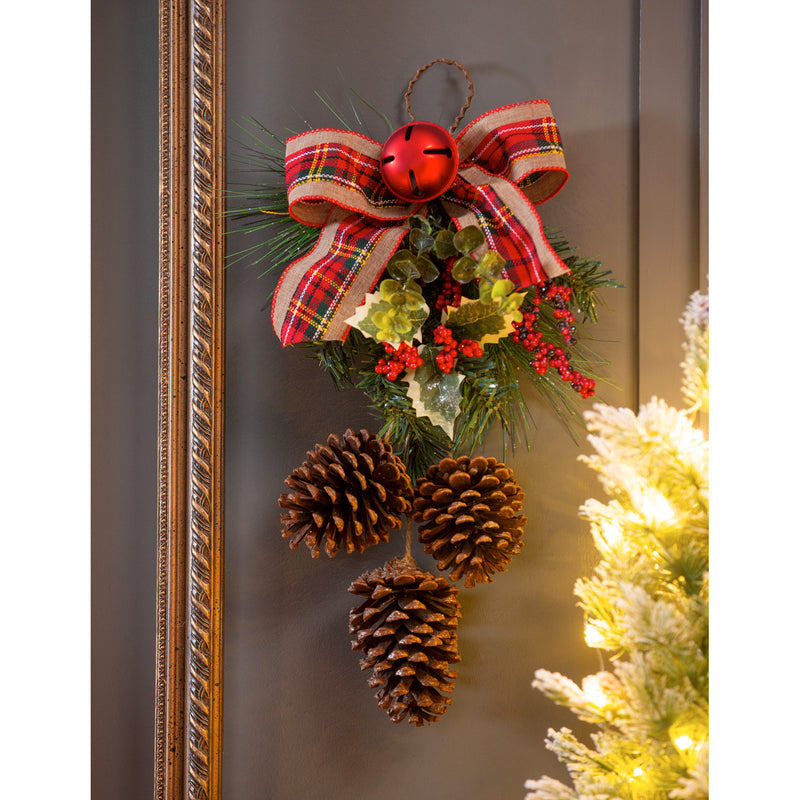 Pinecone and Berry Hanging Wall Décor with Plaid Bow,4fl128