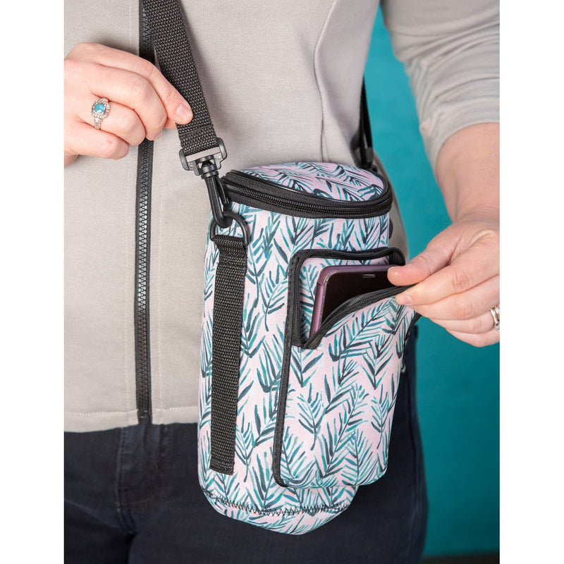 Neoprene Bottle Carrier w/ Zip Closure, Palm Leaves,4nbc018