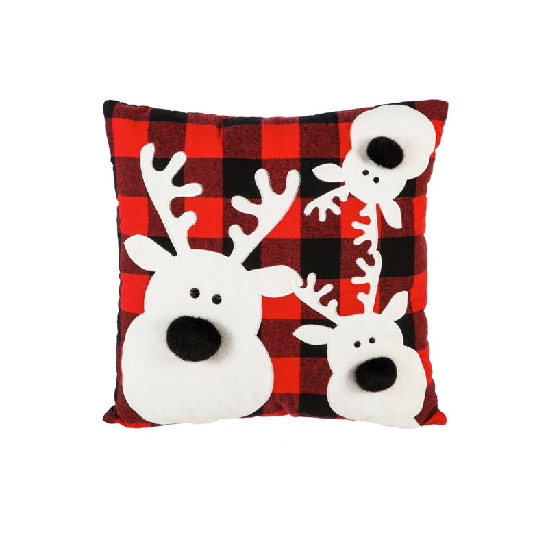 14" Red Plaid Deer Square Pillow,4p147578