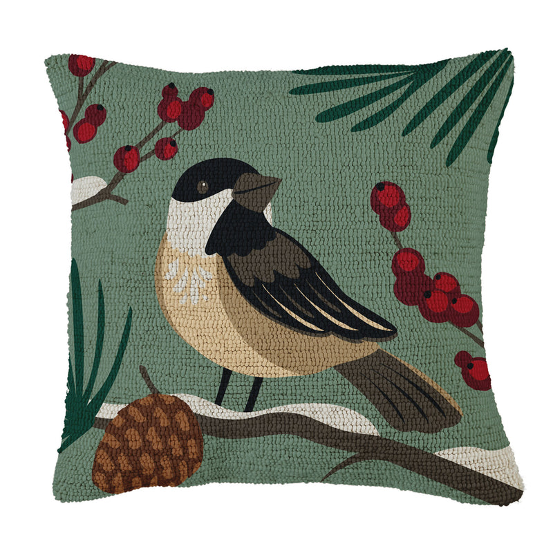 Indoor/Outdoor Hooked pillow, Bird and Pincone 18"x18", 18"x18"x5"inches