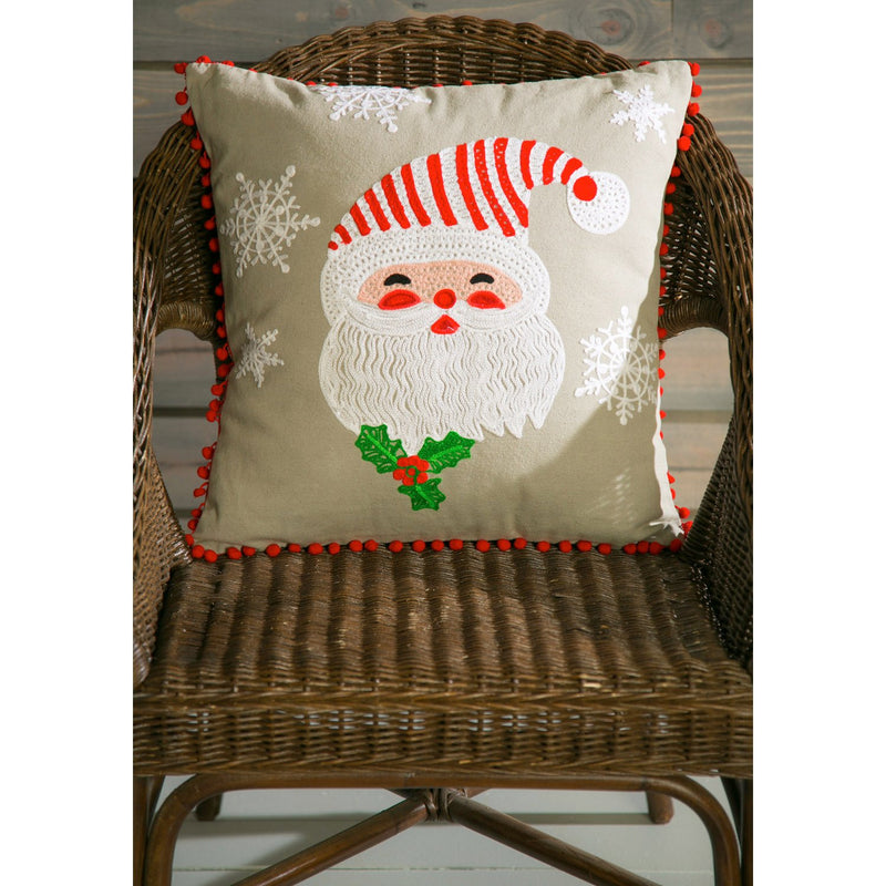 18" Grey Square Pillow with Santa and Pom Pom Fringe,4p4016