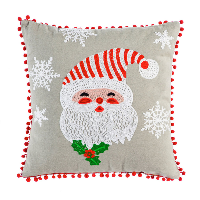 18" Grey Square Pillow with Santa and Pom Pom Fringe,4p4016