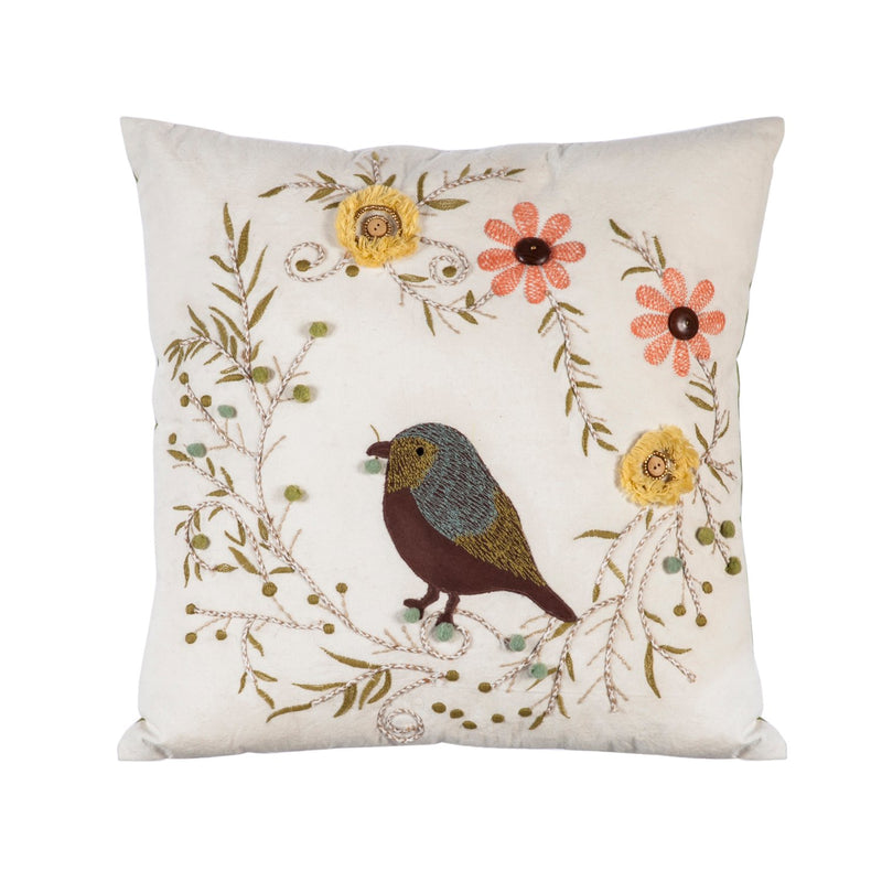 White Square Pillow with Bird and Flowers,4p4017