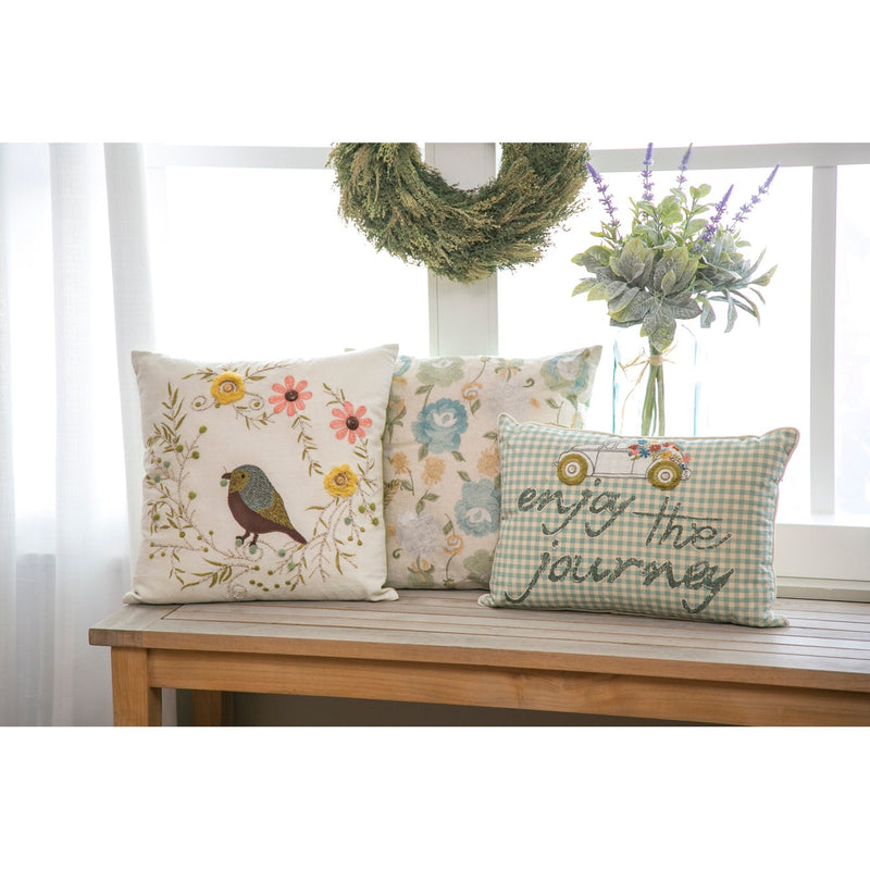 White Square Pillow with Bird and Flowers,4p4017