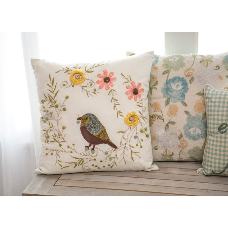 White Square Pillow with Bird and Flowers,4p4017