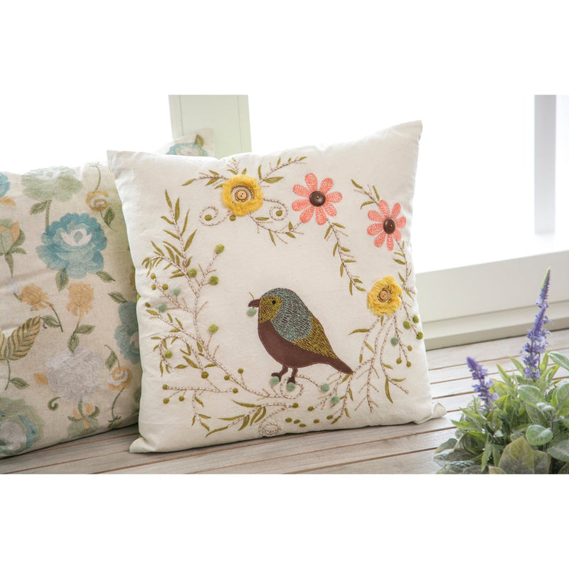 White Square Pillow with Bird and Flowers,4p4017