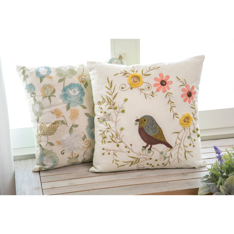 White Square Pillow with Bird and Flowers,4p4017