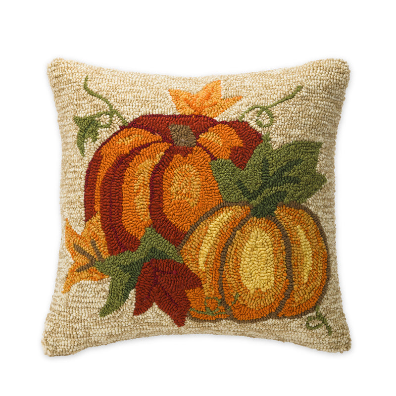 Indoor/Outdoor Hooked Pillow, 2 Pumpkins 18"x18'', 18"x18"x5"inches