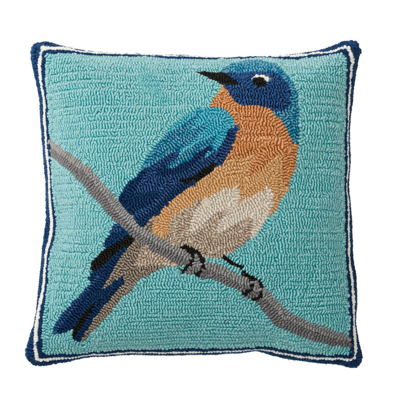 Indoor/Outdoor Hooked  Pillow, Bluebird 18"x18", 18"x18"x5"inches