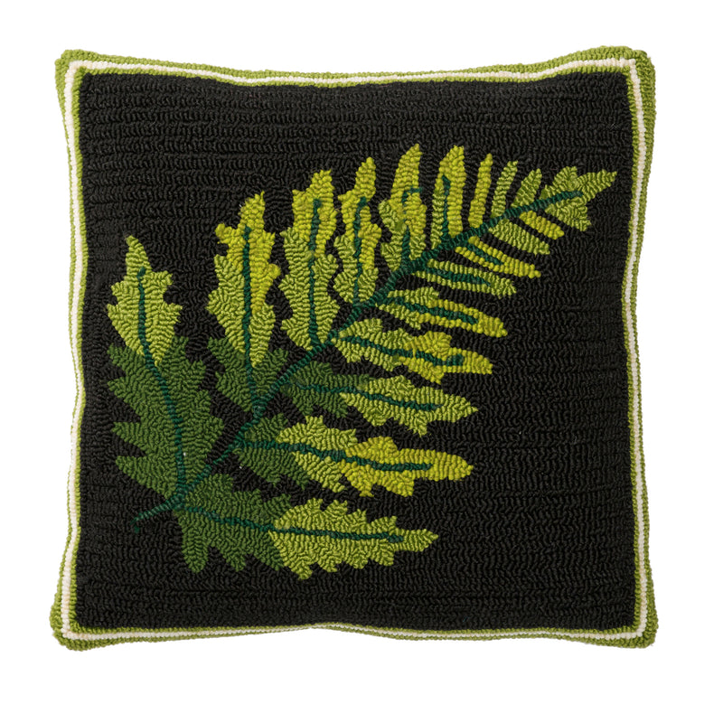 Indoor/Outdoor Hooked  Pillow, Fern with Black Background 18"x18", 18"x18"x5"inches