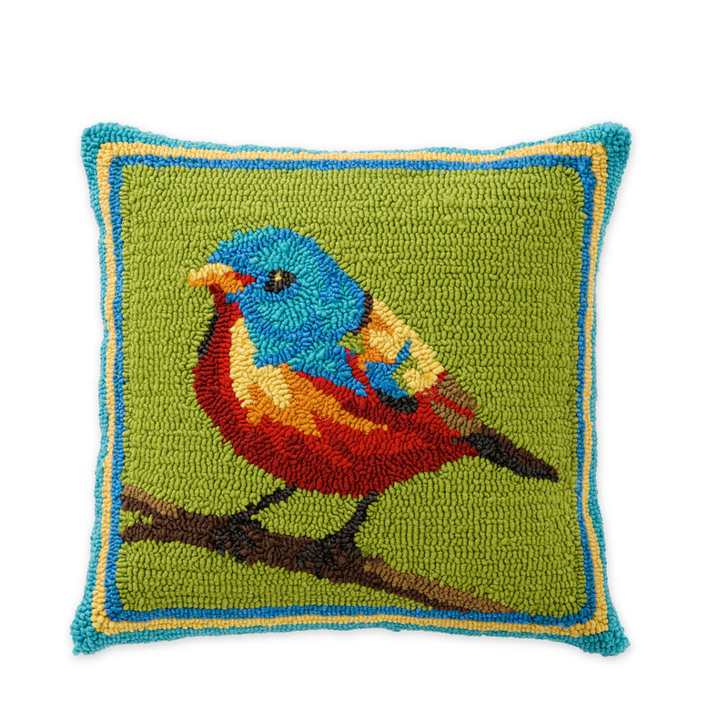 Indoor/Outdoor Hooked Pillow, Bird on Branch 18"x18'', 18"x18"x5"inches