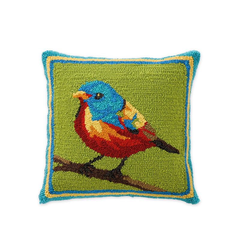 Indoor/Outdoor Hooked Pillow, Bird on Branch 18"x18'', 18"x18"x5"inches