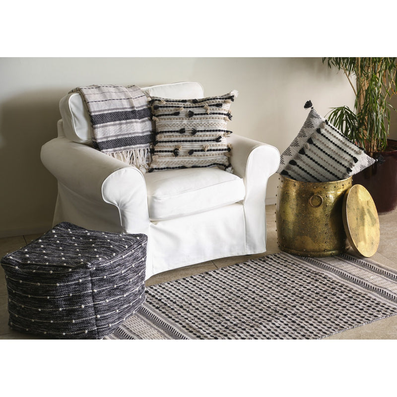 Woven Braided Black & Cream Indoor/Outdoor Decorative Pillow, 18"x18", 18'' x 18'' x 0.5'' inches