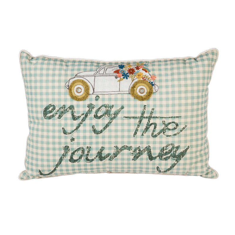 White with Blue Stripes Lumbar Pillow with Car, "Enjoy The Journey",4p7001