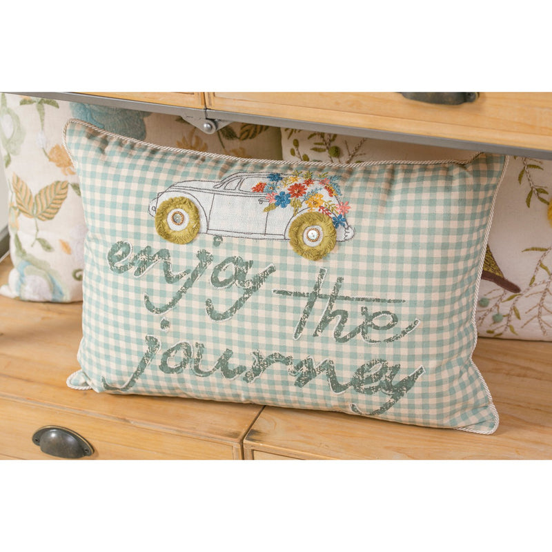 White with Blue Stripes Lumbar Pillow with Car, "Enjoy The Journey",4p7001