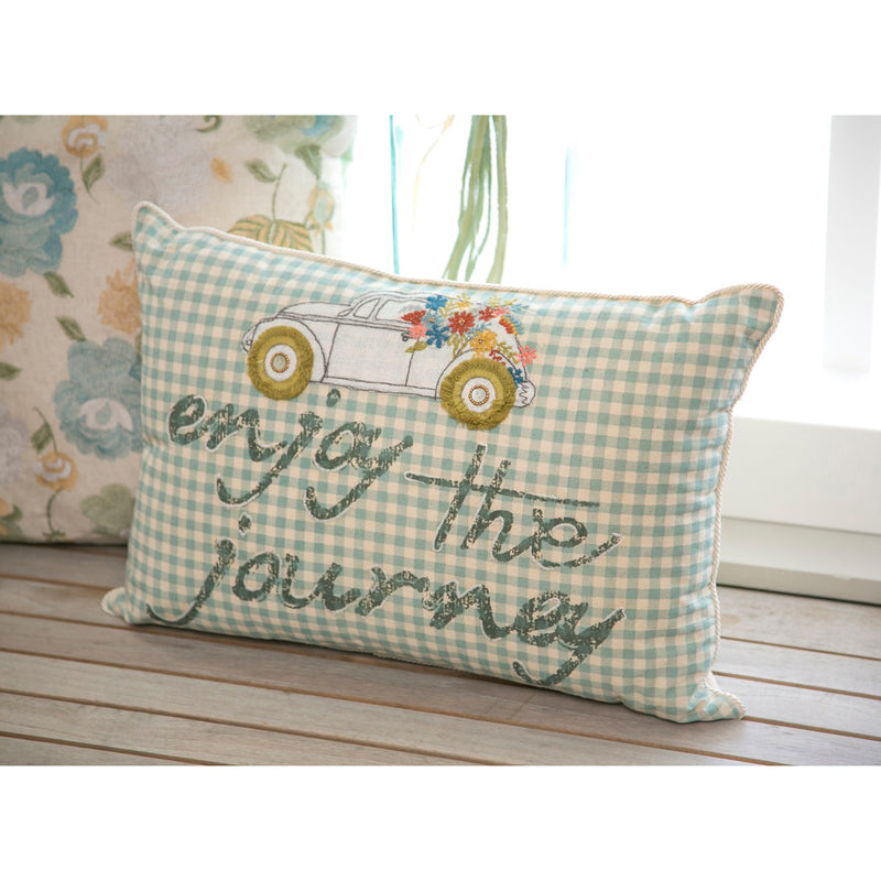 White with Blue Stripes Lumbar Pillow with Car, "Enjoy The Journey",4p7001