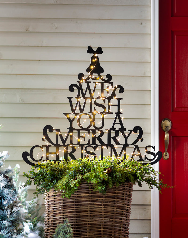 Evergreen Garden Stake,Merry Christmas Wishes Tree Metal Garden Stake,36.5x0.25x40.5 Inches