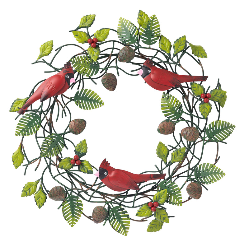 Handmade Metal Cardinal Evergreen Berry Wreath, 21"x1.8"x21"inches