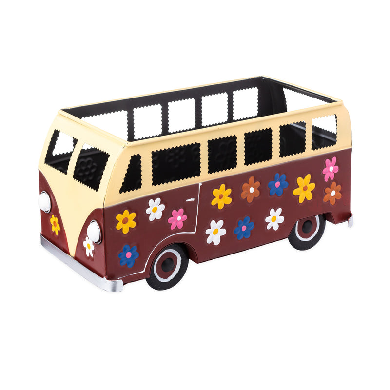 Evergreen Deck & Patio Decor,Vintage Style Flower Power Miniature Bus Garden Planter - Red,15.5x7.63x8.5 Inches