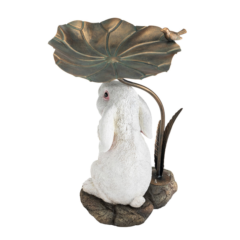 BUNNY WITH METAL LEAF BIRDBATH,59k69