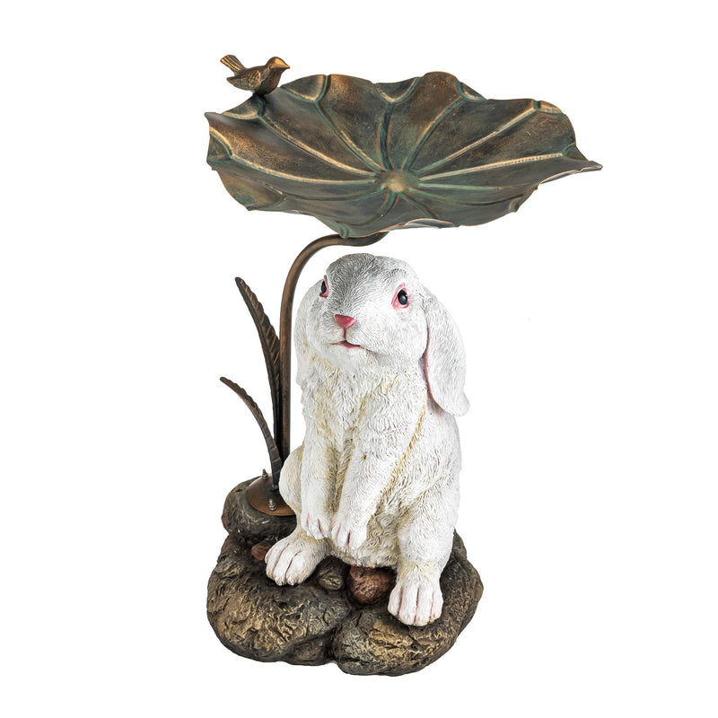 BUNNY WITH METAL LEAF BIRDBATH,59k69