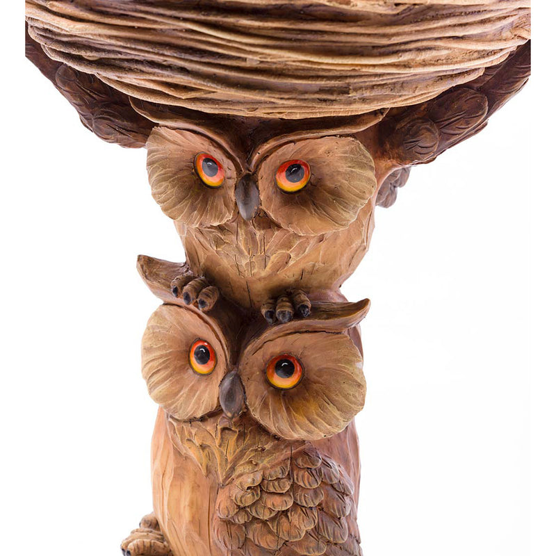 Carved Resin Owls Birdbath, 13"x13"x22"inches