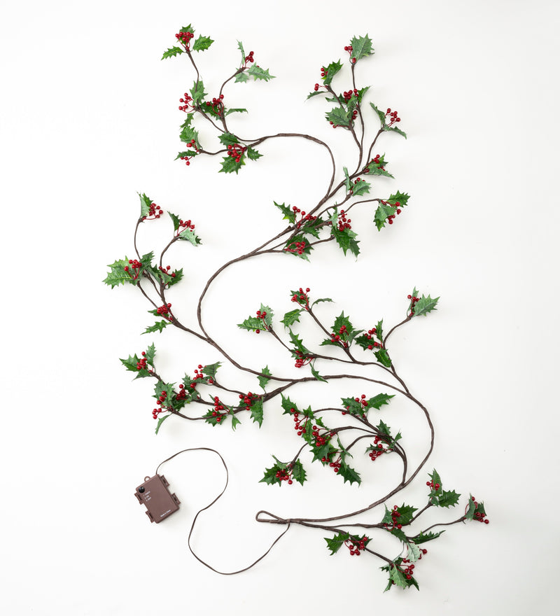 Indoor/Outdoor Holly and Berry Lighted Holiday Garland, 76"x14.5"x3.5"inches