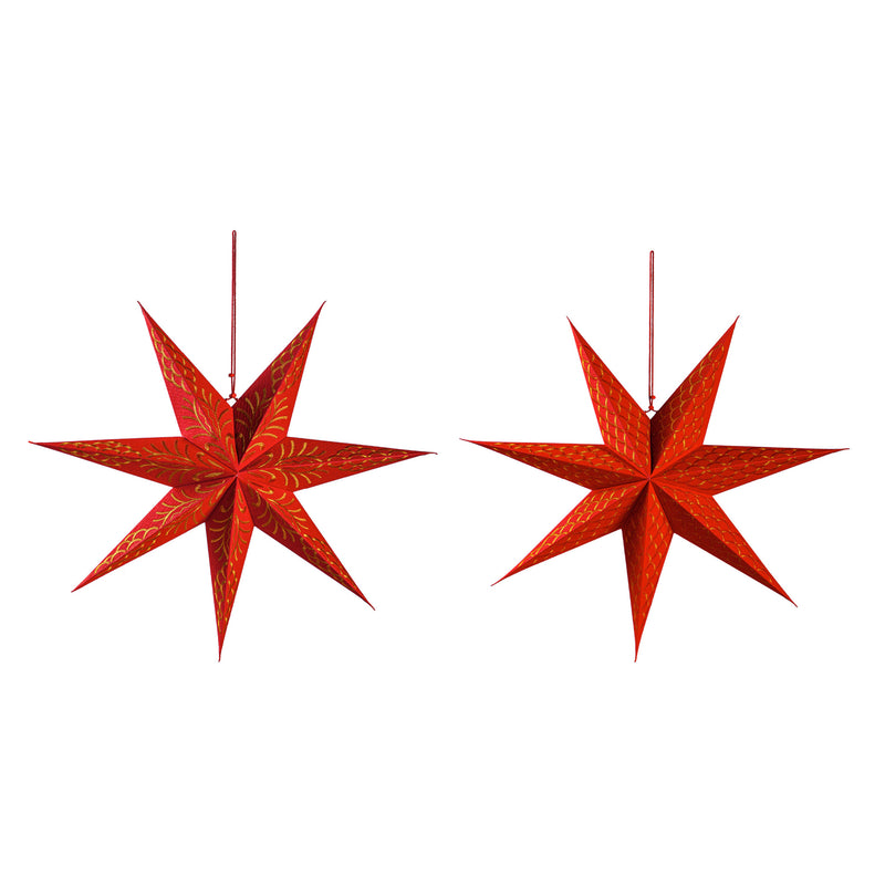 Red Handmade  Recycled Foldable Paper Star With Gold Embroidery, 2 Asst,6awd727