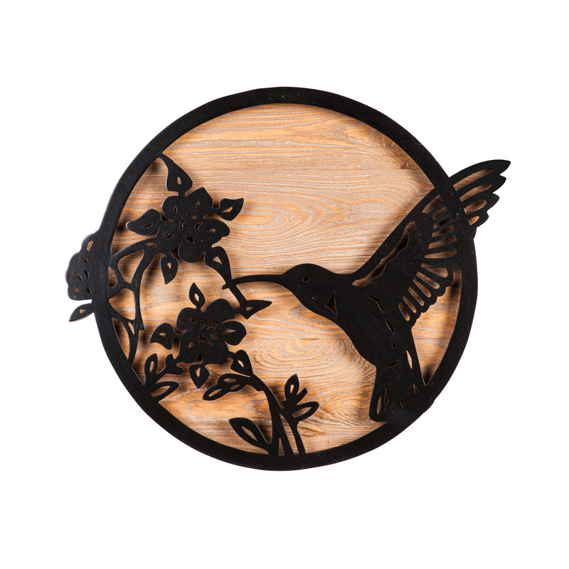 Metal and Wood Round Wall Decor Hummingbird, 18"x1.5"x18"inches