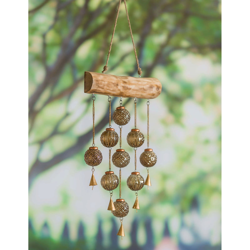 Wood and Glass Hanging Garden Bells,6gb0084