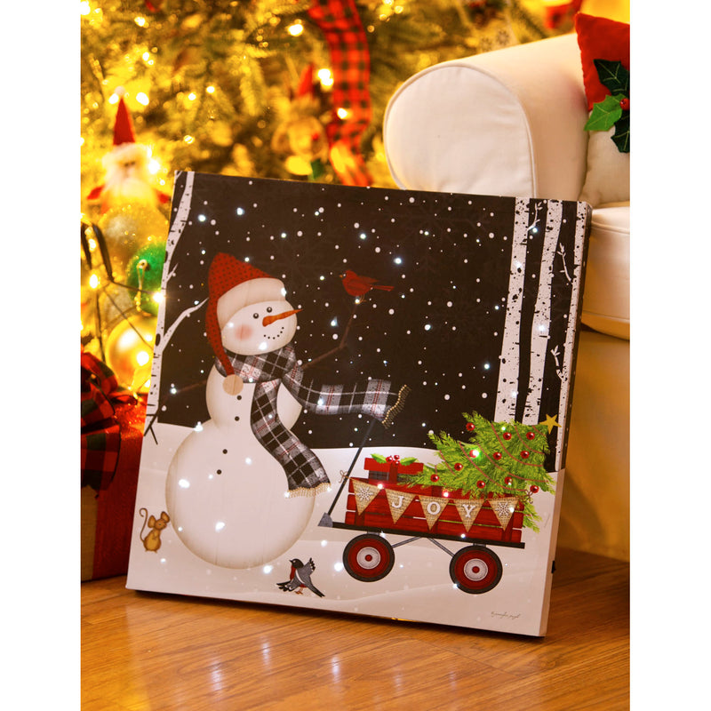 LED Canvas Wall Décor, 20"W x 20"H, Snowman with Red Wagon