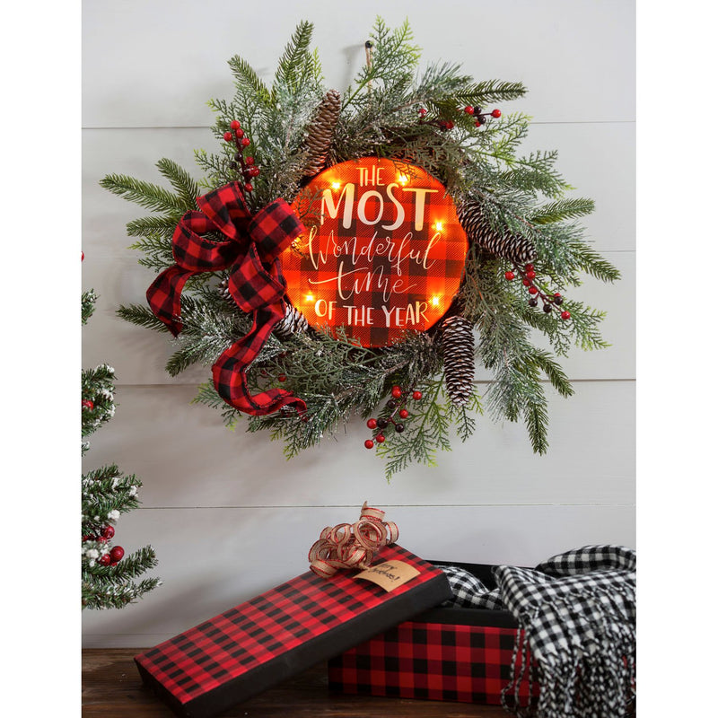 Wreath with LED Canvas Holiday Plaid,6wc737782