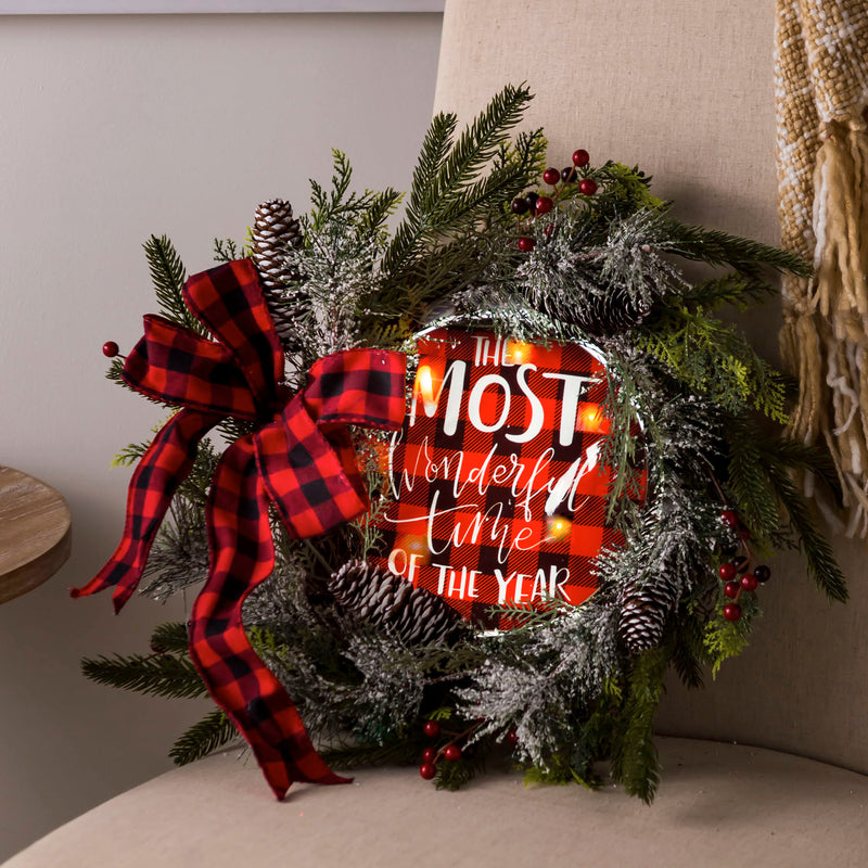 Wreath with LED Canvas Holiday Plaid,6wc737782