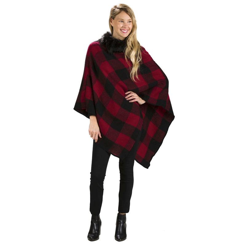 Plaid Poncho with Faux Fur Trim Collar, 2 Asst, Red/Black, Black/White,7cwc422